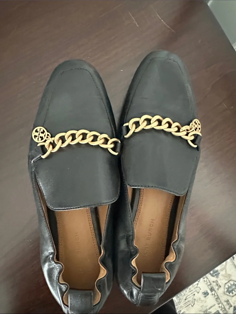 Tory Burch Black Leather Loafers with Gold Chain Trim